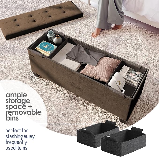 Storage Ottoman Bench with Bins, 43-in Storage Bench for Bedroom End of Bed, Folding Foot Rest Ottoman for Living Room Max 660lbs, Velvet Ottomans, Brown