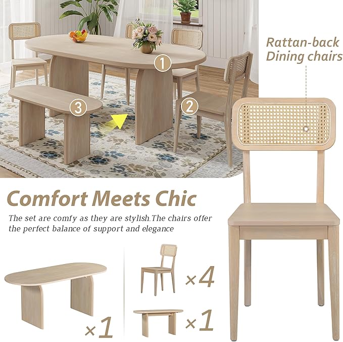 Merax 6 Pieces Modern Dining Set for 6, 71" Oval Rubberwood Dining Table with Bench and 4 Rattan Backrest Chairs for Dining Room, Living Room, Kitchen, Natural