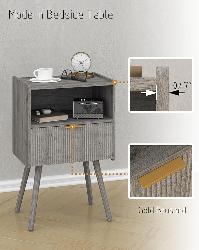 JOONEE Nightstand,Modern Bedside Table with Storage Drawer and Open Wood Shelf, for Living Room, Bedroom and Small Spaces, Accent Night Stand with Solid Wood Legs, Easy Assembly,Grey Oak