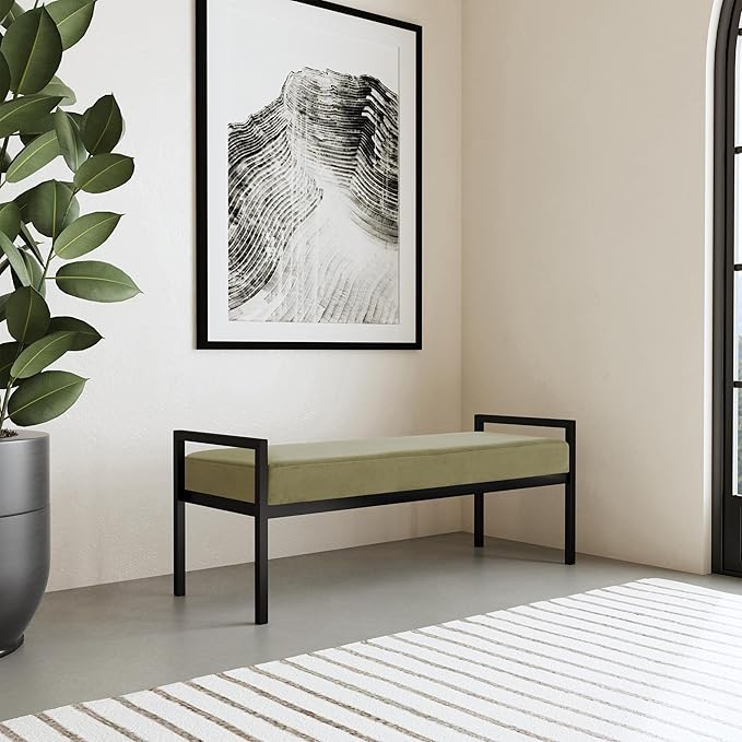 HomePop Modern Velvet Metal Bench| Modern Bench with Metal Leg | Bench for Living Room & Bedroom | Decorative Home Furniture - Light Sage Green Velvet