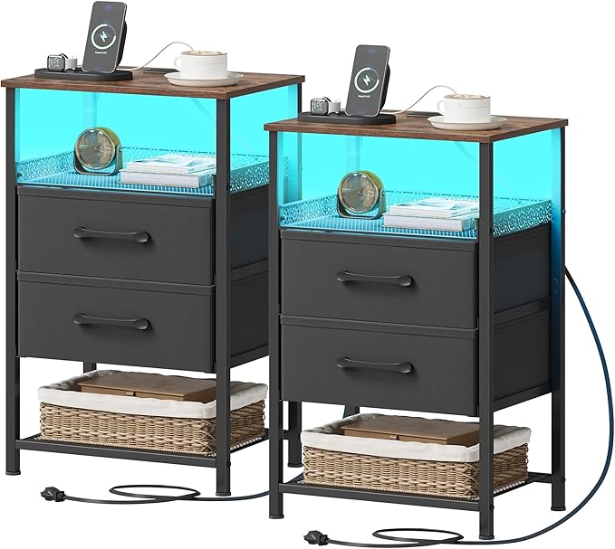 JARHETUN Nightstand Set of 2 with Charging Station, Night Stands with LED Lights, 26.4 Inch Tall Bedside Table with Metal Shelf, Side Table with 2 Fabirc Drawers for Bedroom, Rustic Brown