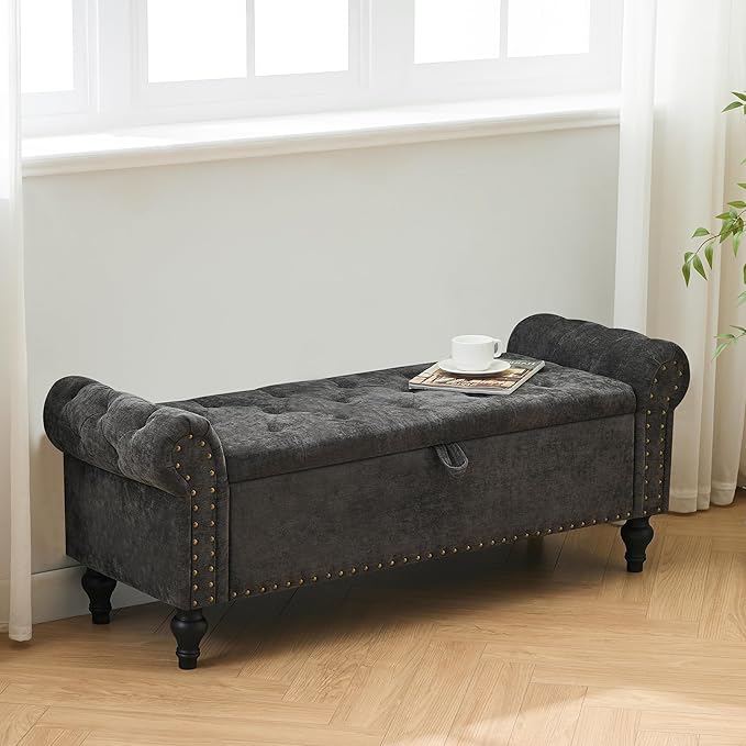 51" Storage Ottoman Bench, End of Bed Bench for Bedroom, Chenille Upholstered Benches for Foot of Bed, Window Benches, Storage Ottomans for Living Room, Entryway, Dark Gray