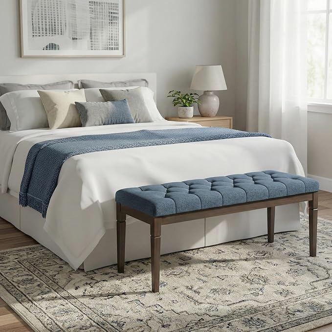 SIMPLIHOME Waverly Tufted Ottoman Bench - 48 inch Wide Upholstered Linen Look Fabric Rectangle Footstool Ottoman in Indigo Blue, Traditional Bench for Bedroom, Entryway or Living Room with Carved Legs