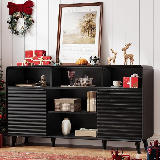 58 Inch Curved Sideboard Buffet Cabinet w/2 Wave Doors and Open Storage Spaces, Angled Side Frame, Sideboard Storage with Adjustable Shelves, Coffee Bar Cabinet for Kitchen, Living Room, Black