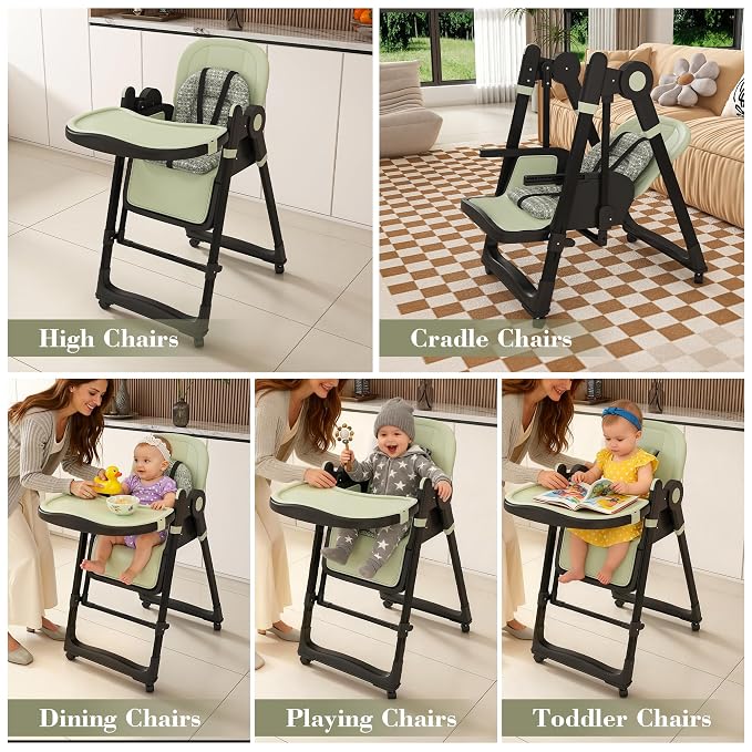 Foldable Baby High Chair with 150° Swing & Recline,Convertible High Chairs for Babies and Toddlers,5 Height Levels,3 Backrest & Footrest Positions,Removable Double Tray,Lockable Wheels (Dark Green)