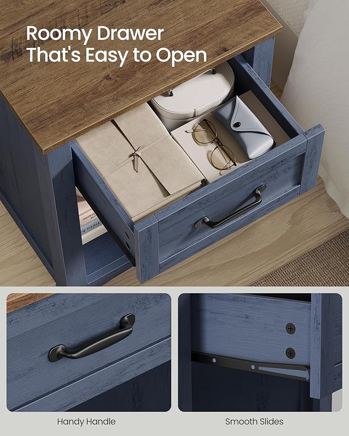 VASAGLE LIRY Collection - Farmhouse Nightstands with Charging Station, Set of 2 Bedside Tables, Side Tables with Drawer, Open Compartment, for Bedroom, Rustic Blue and Honey Brown LET659Q101S-2J