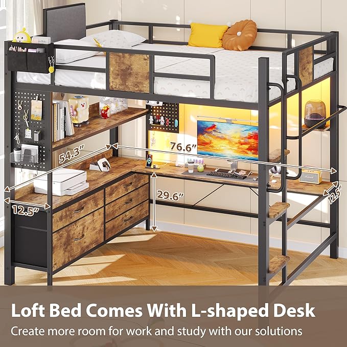 Dnxao Full Loft Bed with Desk and 5 Storage Drawers, 800lb Capacity Heavy Duty Metal Bed Frame for Adults & Teens, LED Lights, Charging Station, Pegboard & Shelves, Rustic Brown