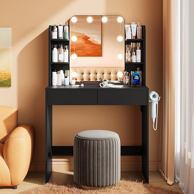 wanan Vanity Desk with Mirror and Lights 3 Colors, Girls Vanity Set with Power Outlet, Compact Vanity Table for Small Space, Black Vanity Desk only
