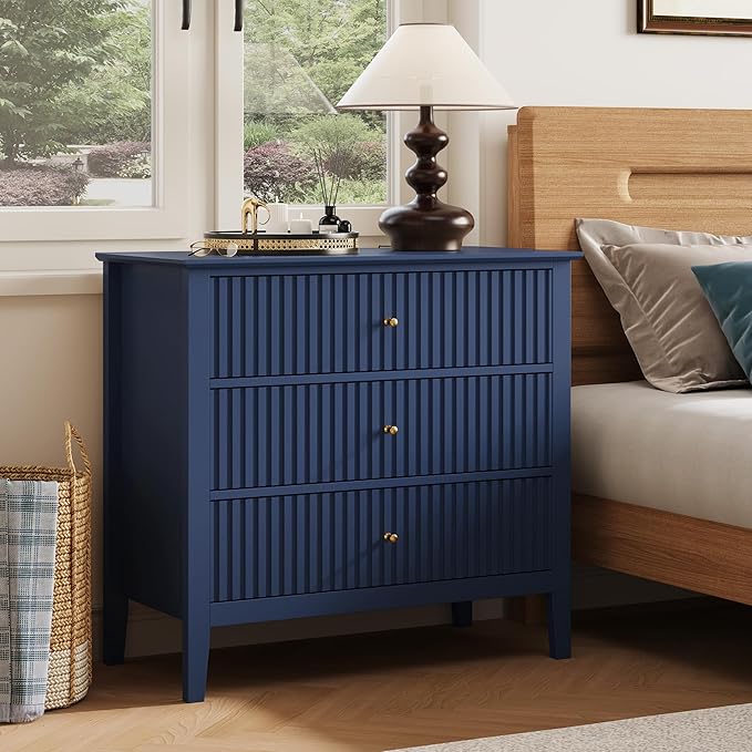 RoyalCraft 32" Large Nightstand, Fluted Painted Bedside Table with 3 Spacious Drawers, Modern Tall End Table for Bedroom, Blue
