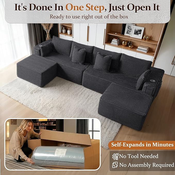 138" Cloud Sectional Couch, Comfort U Shaped Sofa for Living Room, Extra Deep Seats No Assembly, Minimalist Modular Couch, Corduroy (Dark Grey, 6 Seats,U-Shape A)