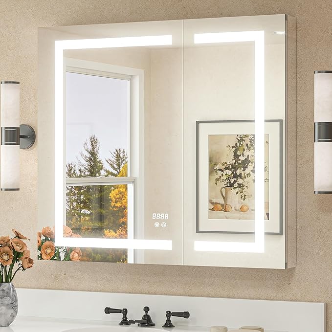 TETOTE 36 x 32 LED Lighted Bathroom Medicine Cabinet with Lights, 2 Door Recessed or Surface Mount Led Mirrored Medicine Cabinet, Tempered Glass, Outlets & USB, Adjustable Shelf, 3-Color Lights