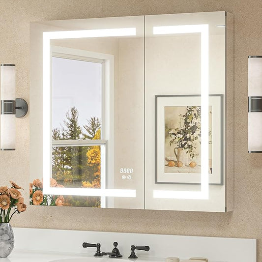 TETOTE 36 x 32 LED Lighted Bathroom Medicine Cabinet with Lights, 2 Door Recessed or Surface Mount Led Mirrored Medicine Cabinet, Tempered Glass, Outlets & USB, Adjustable Shelf, 3-Color Lights