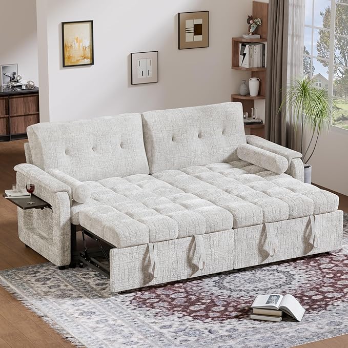 Convertible Sleeper Sofa Bed, 86 Inch Chenille Pull Out Couch with Side Table & Adjustable Backrest, Sectional Sleeper Sofa with Pull Out Bed for Living Room, Apartment, Beige
