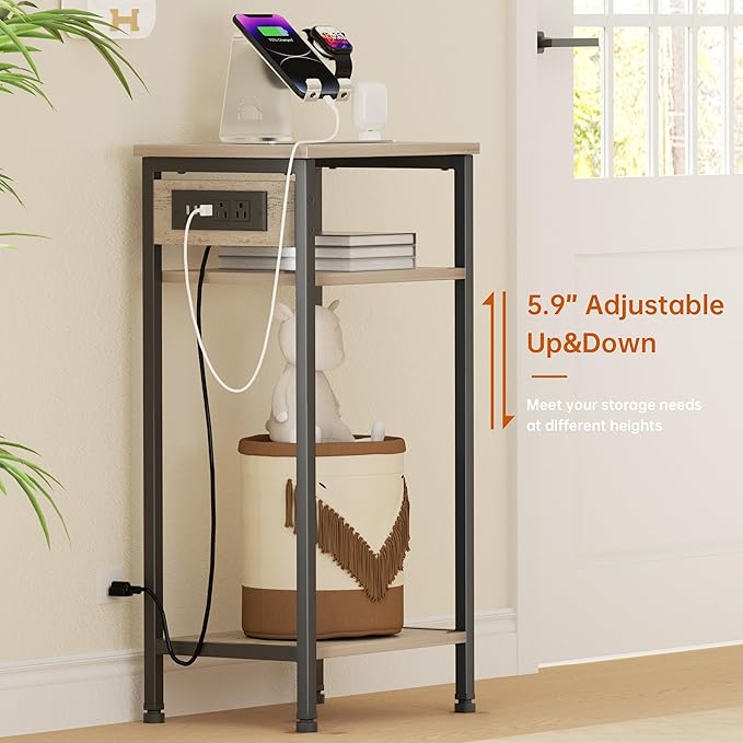 Asgolion Tall End Table with Charging Station, 3 Tier Narrow Beside Table with Adjustable Shelf, Tall Side Table Nightstand for Bedroom, Living Room Coffe Table, Office, Greige