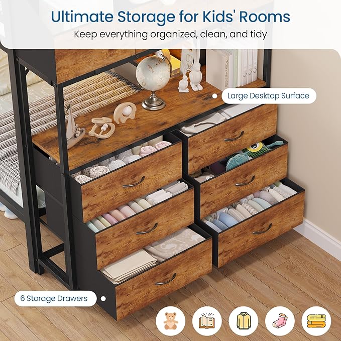 Twin Over Twin Bunk Bed with 6 Storage Drawers & 3 Boxes, Dual Side Shelves, Twin Bunk Beds for Kids with LED Lights and Charging Station, Heavy Duty Metal Bunk Bed with Safety Guardrail and Ladder
