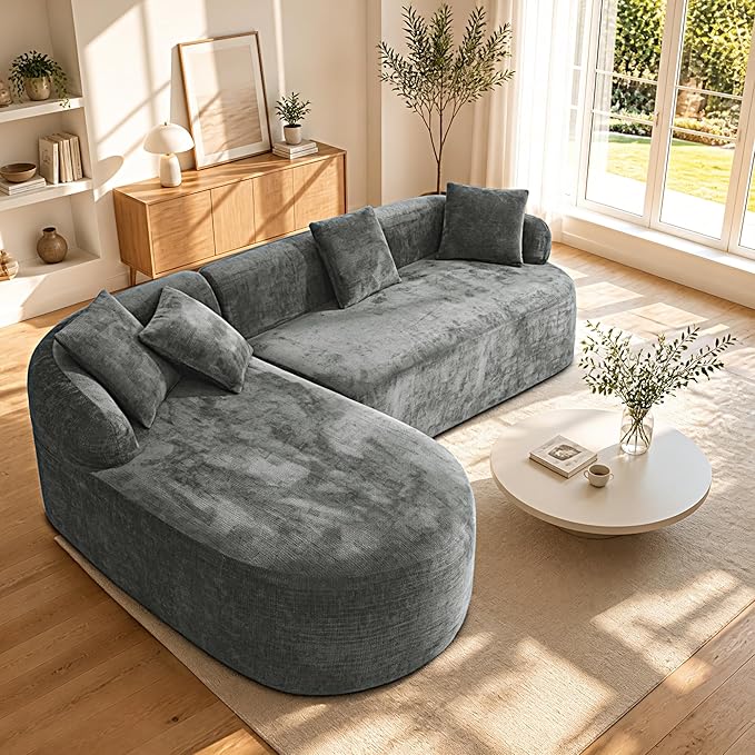 99" Curved Sectional Sofa with Chaise, Modern Boneless Couch with Deep Seat, L Shaped 3-Seater Cloud Couch for Living Room, No Assembly Needed, Chenille (Gray, Left Chaise+Right Sofa)