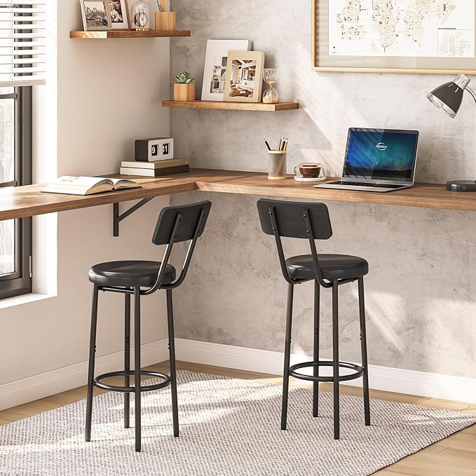 HOOBRO Bar Stools, Set of 2 Bar Stools with PU Upholstered, Bar Chairs with Footrest and Back, 26" Bar Stools for Kitchen Island, Dining Room, Easy to Assemble, Black BK31BY01G2
