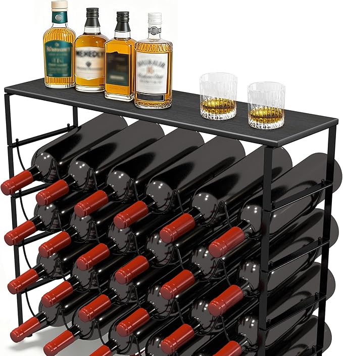 TONLEA 4 Tier Wine Rack - 3-in-1, Stackable, 24-Bottle Wine Storage Rack with Wood Top for Cabinet or Pantry (Dark Black, Version 3.0)