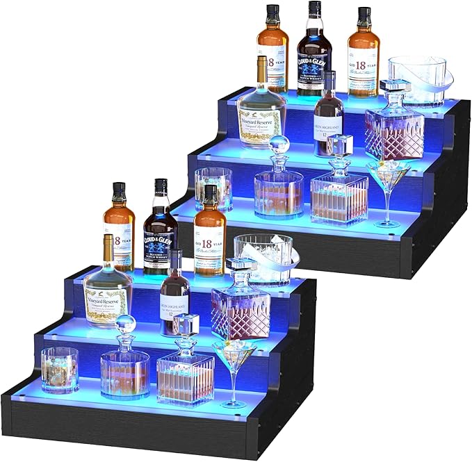 LED Lighted Wine Bottle Display Shelf, 3-Tier Acrylic Liquor Bottle Stand with APP Controlled Multicolor Lighting, Countertop Bar Organizer for Home Mini Bar Party Decor (3 Step 2 Pack)
