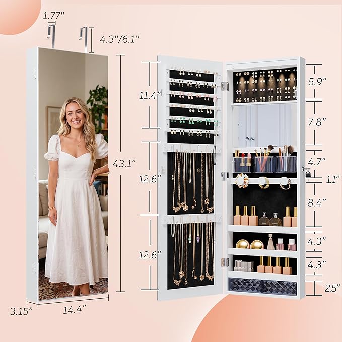 Unisakey Mirror Jewelry Cabinet,Lockable Wall or Door Mounted Jewelry Armoire Organizer With Built-up Mirror,LED Lights, Drawers,Cosmetic Trays,Shelves, 14.4"x3.15"x 43.1"（White）