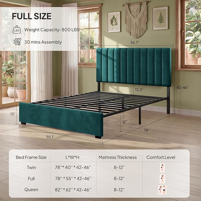 Welzona Full Size Velvet Bed Frame with Headboard, Fully Upholstered Metal Platform Bed with Vertical Channel Tufted Headboard, 3-Level Height, Metal Slat Support, Noise-Free Easy Assembly, Green