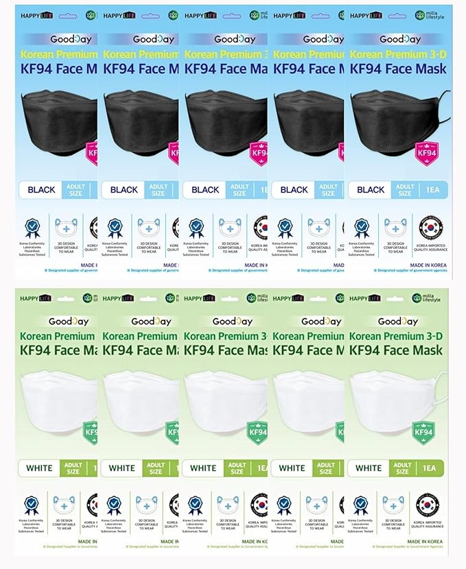 (Pack of 10) (5PCS BLACK,5PCS WHITE Combo set) [Good day] Premium 3D Disposable BLACK AND WHITE KF94 Face Mask, 4-Layer Filters, Protective Covering Dust Mask, Individual Packs, Made in Korea.