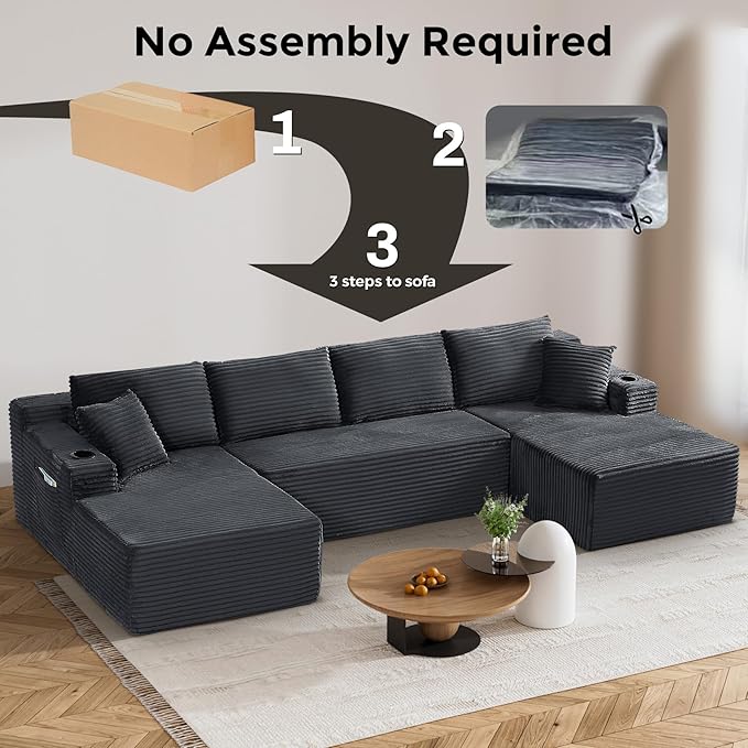 133" Oversized Cloud Boneless Sofa Couch with Chaise, Modern Corduroy U Shaped Modular Sectional Sofa with Deep Seat, Comfy Couch with Cupholders and Storage, No Assembly Required-Grey