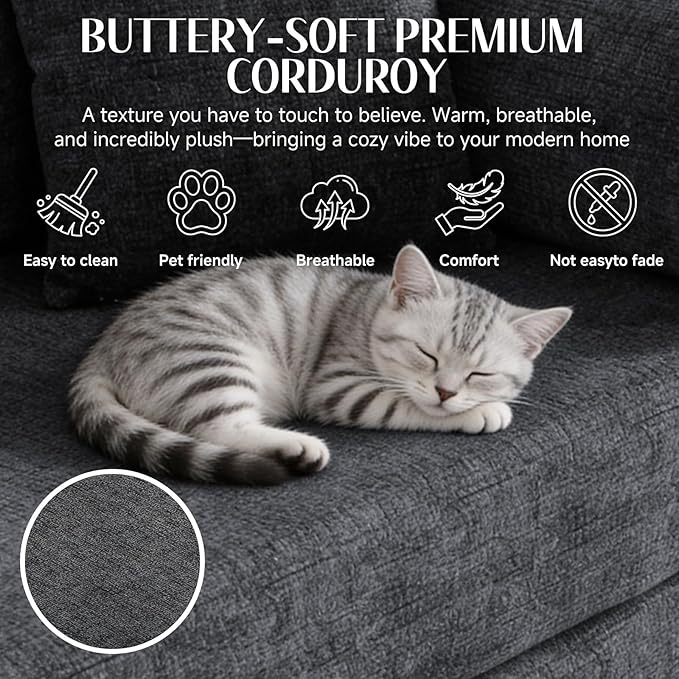 78.8" Convertible Sofa Bed with Detachable Arm Pillow, 6-in-1 Sectional Couches for Living Room, Corduroy Boneless Couch, Sleeper Loveseat Couch Bed, No Assembly, Speckled Black Couch