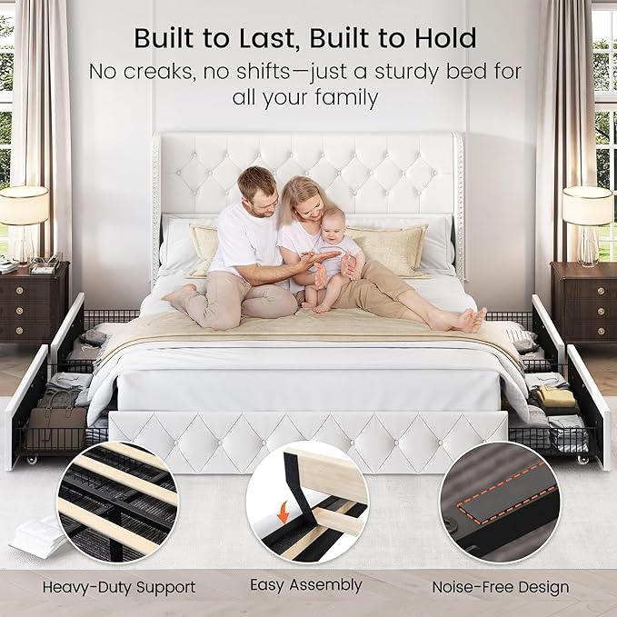 LARMACE King Size Bed Frame with 4 Storage Drawers and 47.2" Tall Wingback Headboard Velvet Upholstered Platform Bed Frame Tufted Beds with Wooden Slats Support, Easy Assembly, White