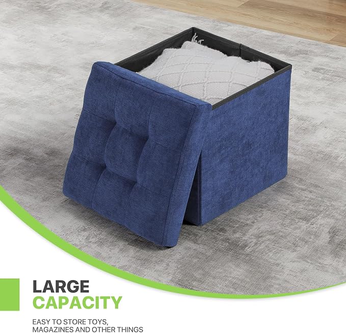 Magshion Folding Storage Ottoman Cube, 15 Inches Small Foot Rest Stool, Square Ottoman with Storage for Bedroom, Living Room, Dorm, Navy Blue