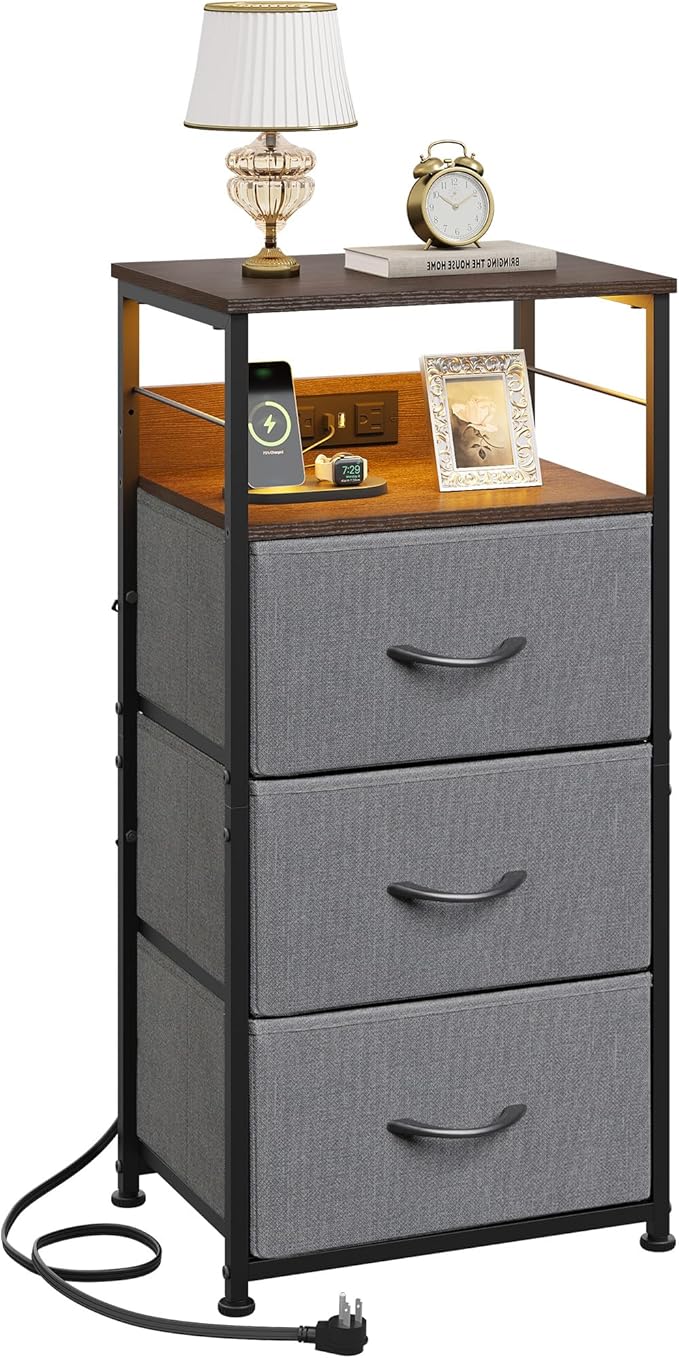 WLIVE Nightstand with Charging Station, 31.9" H Nightstand with 3 Fabric Drawers, LED Bedside Table with USB Ports and Outlets, End Table for Bedroom, Dorm, Entryway, Dark Grey