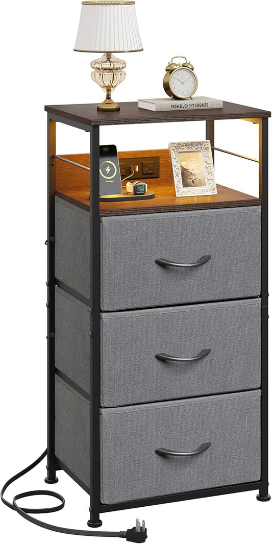 WLIVE Nightstand with Charging Station, 31.9" H Nightstand with 3 Fabric Drawers, LED Bedside Table with USB Ports and Outlets, End Table for Bedroom, Dorm, Entryway, Dark Grey