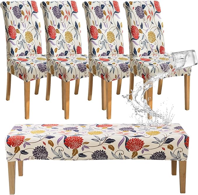 FORCHEER Dining Room Chair Covers Se of 4 and Bench Cover Waterproof Parson Chair and Bench Slipcovers Set Washable (Waterproof Printed-Flowers)