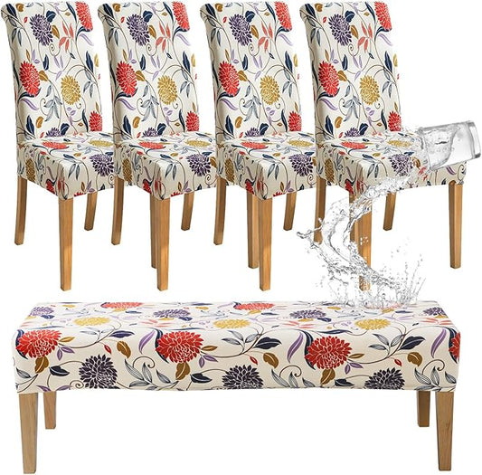 FORCHEER Dining Room Chair Covers Se of 4 and Bench Cover Waterproof Parson Chair and Bench Slipcovers Set Washable (Waterproof Printed-Flowers)