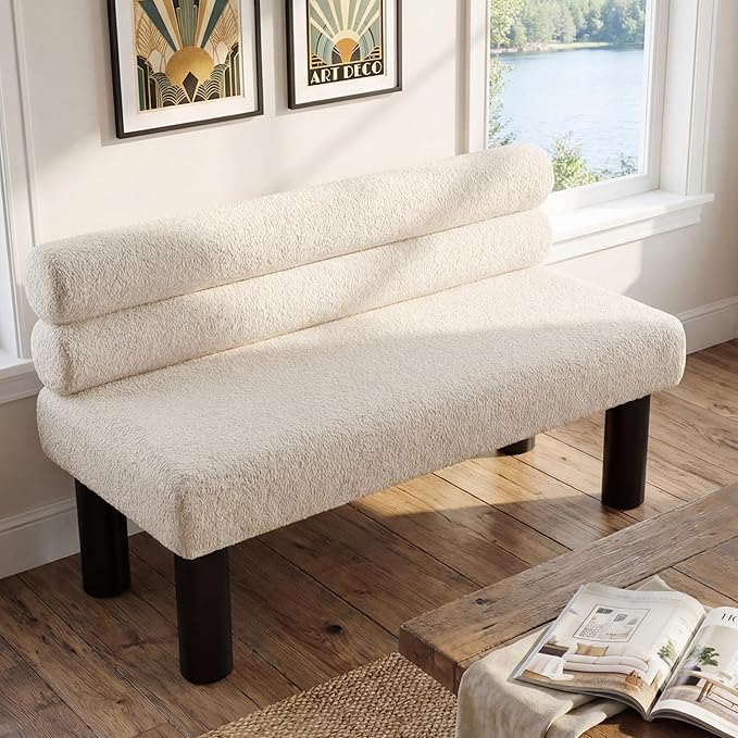 GDFStudio Upholstered Boucle Dining Bench with Backrest Farmhouse Entryway Bench with Rubber Wood Legs Long Indoor Bench for Bedroom Living Room End of Bed Dining Room Seating, Beige