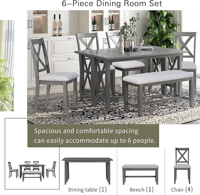 Harper & Bright Designs 6-Piece Family Dining Room Set Solid Wood Space Saving Foldable Table and 4 Chairs with Bench for Dining Room (Gray)