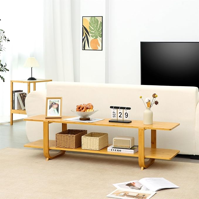 Bamboo TV Stand for TVs up to 65", Accent Entertainment Center with Storage, Media Console Table with Shelf, Modern TV Stand for Living Room, Bedroom, 55"(L), Burlywood
