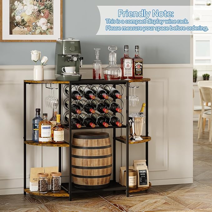JKsmart Wine Bar Cart with LED Lights, Mini Wine Rack with Storage and Glass Holder, Small Home Bar Cart for Liquor, 3-Tier Bar Table for Kitchen, Dining Room, Living Room, Rustic Brown