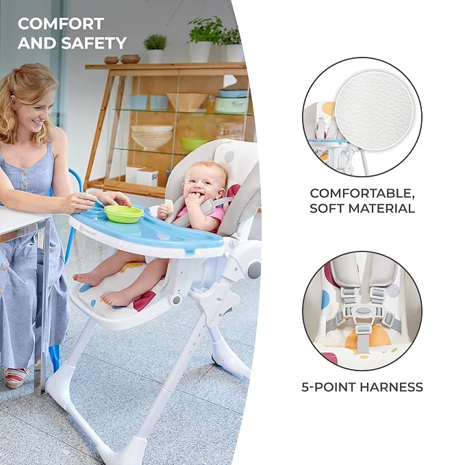 Kinderkraft Highchair Yummy, Baby Chair, Ergonomic, Comfortable, Reclining, Foldable, with Ajustable Height, Footrest, Detachable Double Tray, for Toddler, from 6 Month to 3 Years, Multicolor