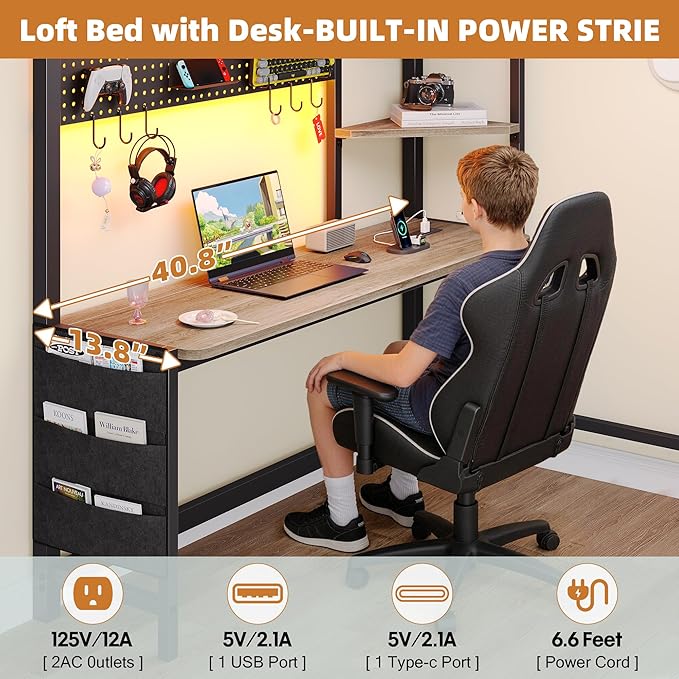 Dnxao Twin Loft Bed with Desk, Heavy Duty Twin Bed Frame with Integrated 6 Storage Drawers & DIY Pegboard, Smart LED Lights, Charging Station with Type-C, Space-Saving Workstation for Teens,Oak Gray