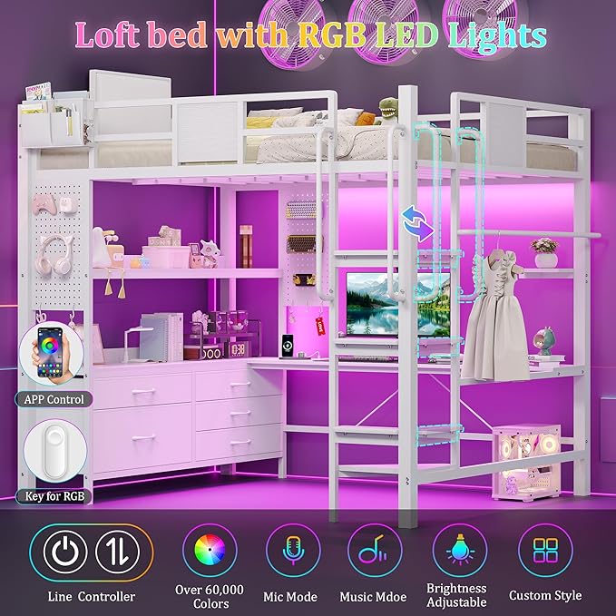 Loft Bed with Desk,Full Size Loft bed with 5 Drawers & 3 Open Shelves and & Clothing Rack,Loft Bed Full Size with Charging Station &LED Light & Thickened Tread Stairs for Adults/Kids/Young Teens,White