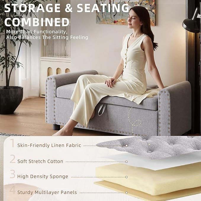 48" Ottoman with Storage, Tufted Storage Ottoman Bench, Convenient Living Room Fabrics Bench Seat, Entryway Shoe Benches with Inner Zipper&Arm, Upholstered Window Seat Ottomans with Rivets, Light Grey