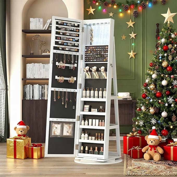 LVSOMT Mirror Jewelry Cabinet Standing, 360° Swivel Jewelry Armoire with 6 LED Lights and Interior Mirror, Full Length Mirror with Storage, Standing Lockable Jewelry Organizer, White