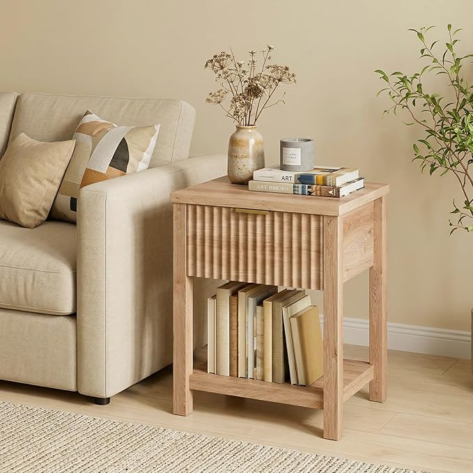 Fluted Night Stand with Golden Handle,Mid-Century Nightstands with Drawer,Modern Bedside Table with Storage Shelf,Large End Tables for Livingroom,Bed Side Tables for Bedroom,Natural Oak
