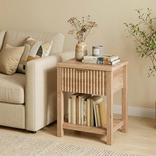 Fluted Night Stand with Golden Handle,Mid-Century Nightstands with Drawer,Modern Bedside Table with Storage Shelf,Large End Tables for Livingroom,Bed Side Tables for Bedroom,Natural Oak