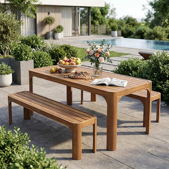 Christopher Knight Home Outdoor Dining Table Set with 2 Benches, 70" Acacia Wood Patio Table and Dual 57" Benches, Teak Finish Slatted Garden Furniture for Backyard Deck Seating 6-8 People