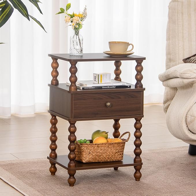 AWASEN Mid Century Modern Nightstand, Bedside Table with Storage, 3-Tier Small Night Stand End Table with Drawer for Bedroom &Solid Wood Spindle Legs, Walnut Brown