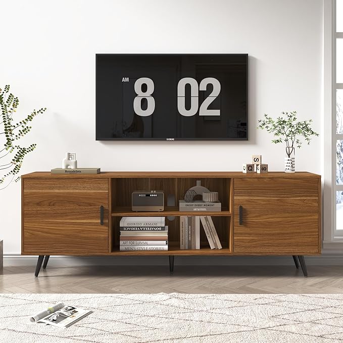 70 Inch Mid Century Modern TV Stand for 75 Inch TV, Wood TV Stand with Storage, Entertainment Center for Living Room Bedroom, TV Media Console, Walnut