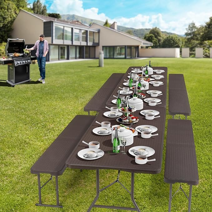 VINGLI 6 feet Plastic Folding Bench,Portable in/Outdoor Picnic Party Camping Dining Seat, Garden Soccer Multipurpose Entertaining Activities, Smooth HDPE Tabletop (2, Brown, 6ft)
