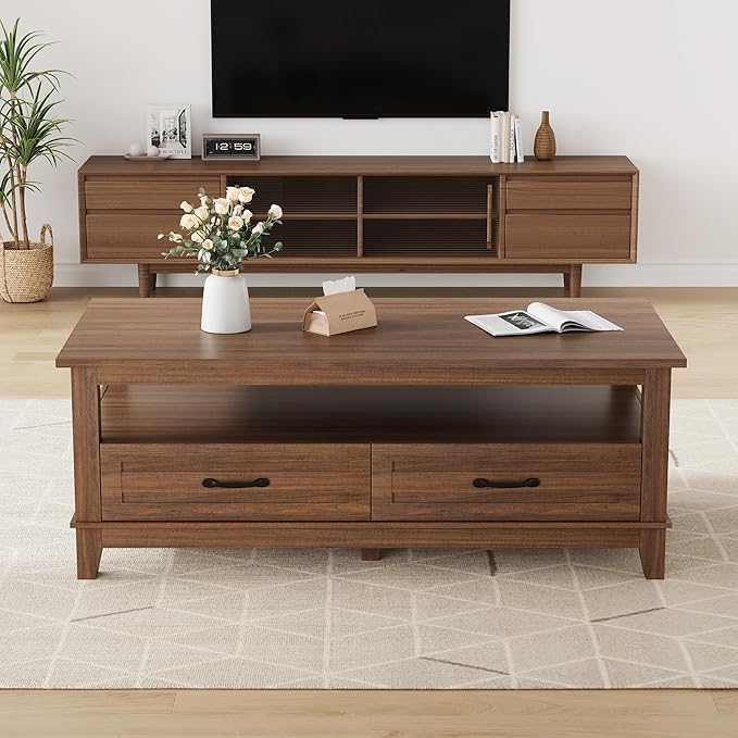 IDEALHOUSE Brown Coffee Table with Drawers, 47.2” Rustic Center Table with Open Shelf and 6 Support Legs, Large Living Room Table with Storage